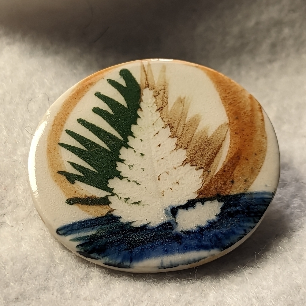 Ceramic Pottery circular round brooch pin green Blue brown fern